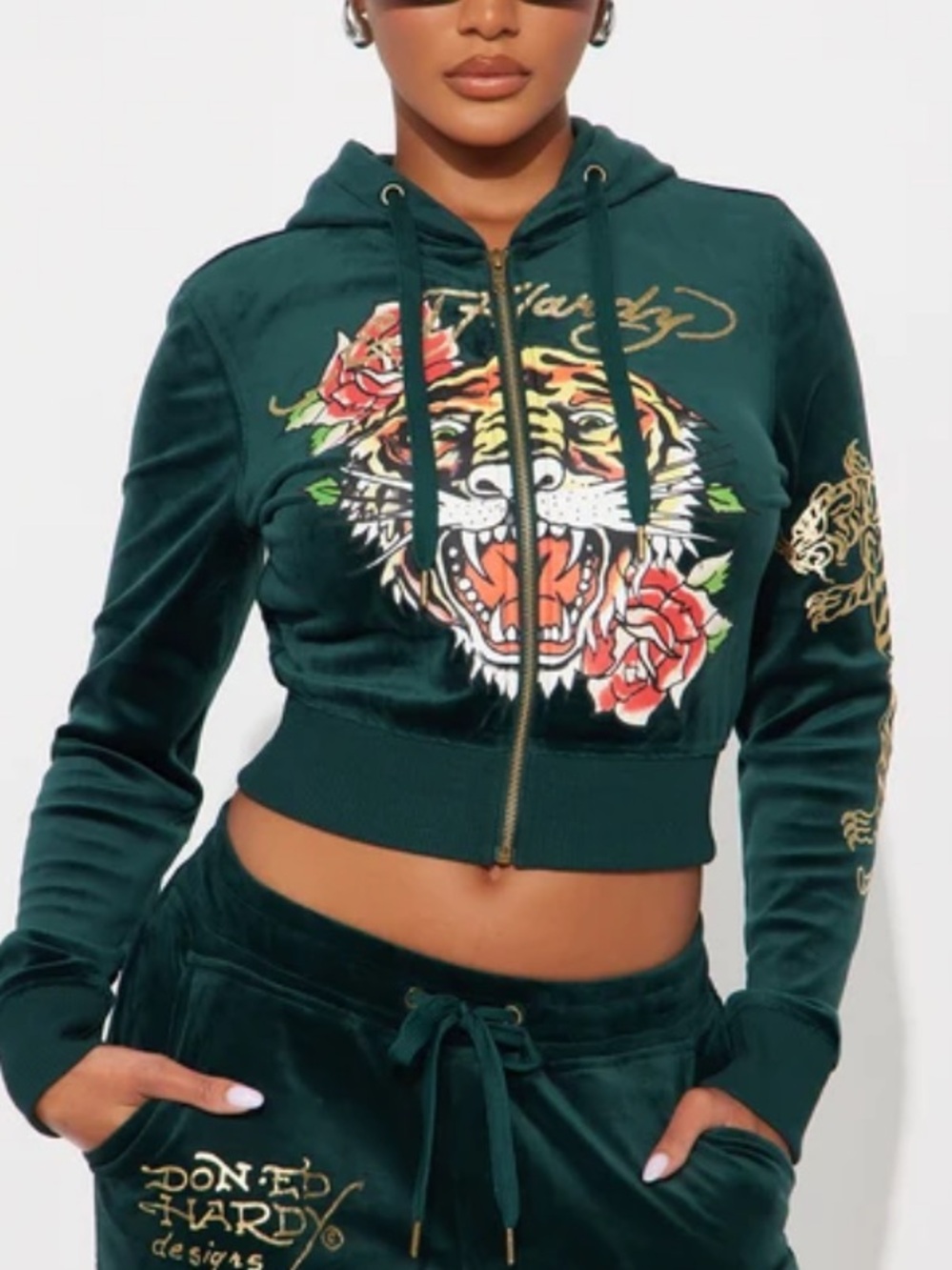 Ed Hardy Women’s Dark Green Velour Zip Hoodie with Tiger Graphic Size Small